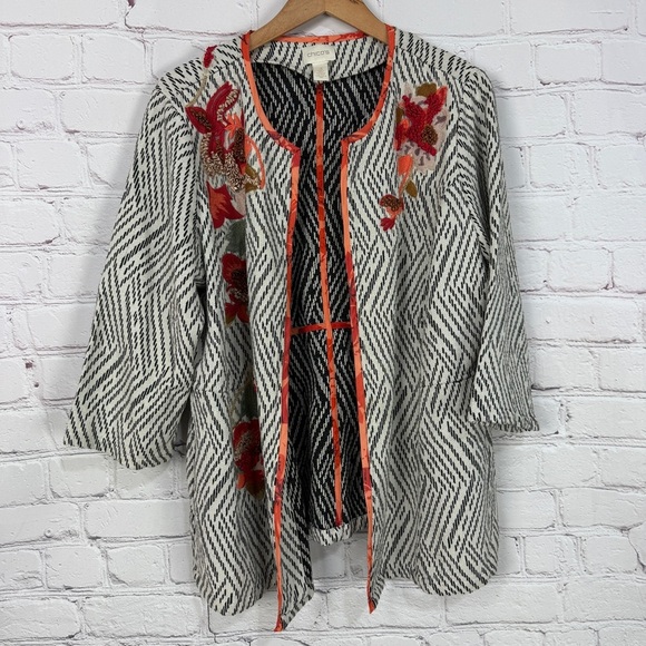 Chico’s Embroidered Open Front Jacket Size 3 Boho Artisanal Floral White Kimono - Picture 2 of 6